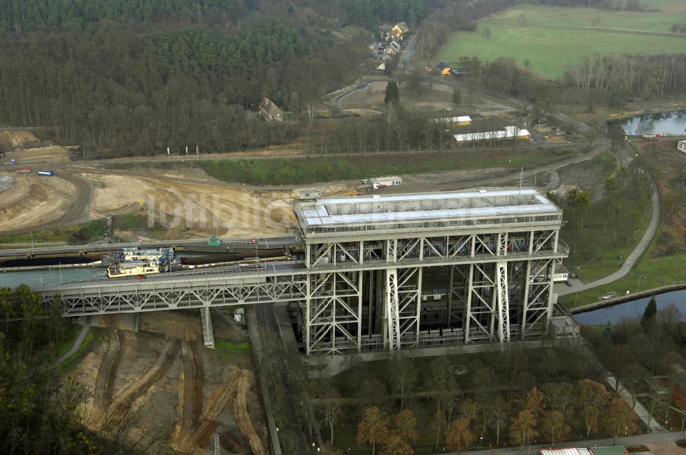 Luftaufnahme Niederfinow - Schiffshebewerk Niederfinow mit Erweiterungsbaustelle und Neubaufläche