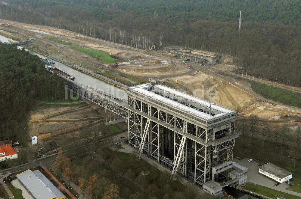 Luftaufnahme Niederfinow - Schiffshebewerk Niederfinow mit Erweiterungsbaustelle und Neubaufläche