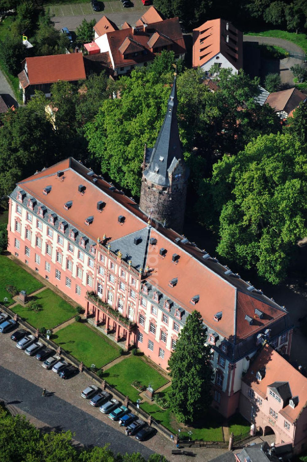 Erbach aus der Vogelperspektive: Schloss Erbach mit Bergfried im Zentrum der Stadt Erbach (Odenwald) in Baden-Württemberg