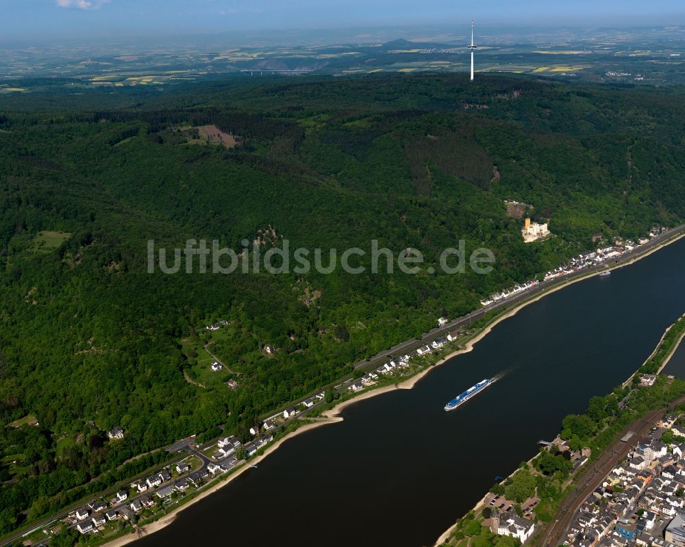 Luftbild Koblenz - Schloss Stolzenfels und Verlauf des Rhein im Stadtteil Stolzenfels in Koblenz im Bundesland Rheinland-Pfalz