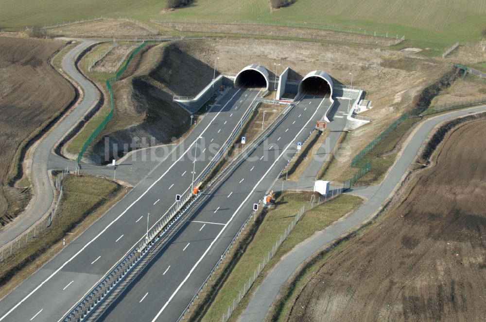 Oberheldrungen aus der Vogelperspektive: Schmücketunnel im Bereich der neuen Trassenführung der Autobahn A71 - Schmücketunnel in the new route of the A71 motorway