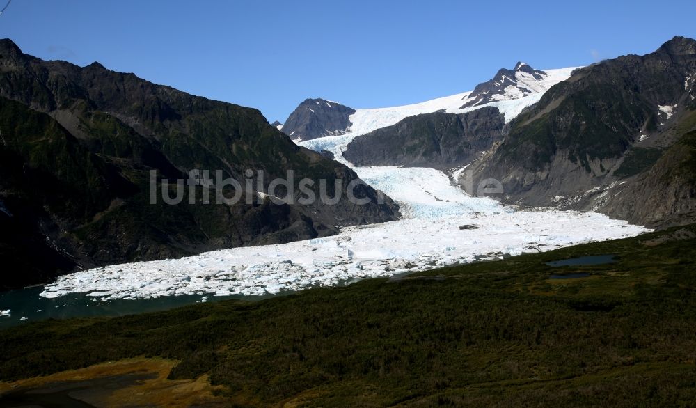 Luftbild Kenai Fjords National Park - Schmelzende Gletscherzungen des Aialik-Gletscher am Geltscher See im Kenai-Fjords-Nationalpark auf der Kenai-Halbinsel in Alaska in den Vereinigten Staaten von Amerika USA