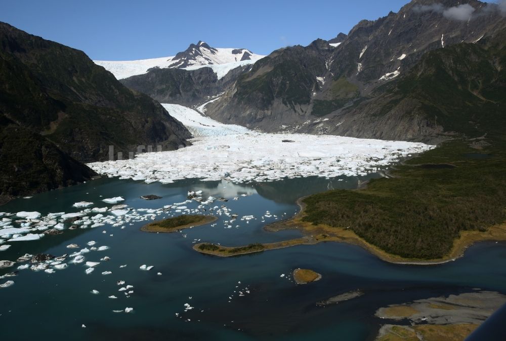 Luftaufnahme Kenai Fjords National Park - Schmelzende Gletscherzungen des Aialik-Gletscher am Geltscher See im Kenai-Fjords-Nationalpark auf der Kenai-Halbinsel in Alaska in den Vereinigten Staaten von Amerika USA