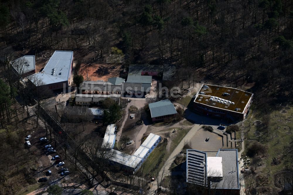 Luftaufnahme Kleinmachnow - Schulgebäude der Freie Walddorfschule in der Parforceheide an der Schopfheimer Allee in Kleinmachnow im Bundesland Brandenburg