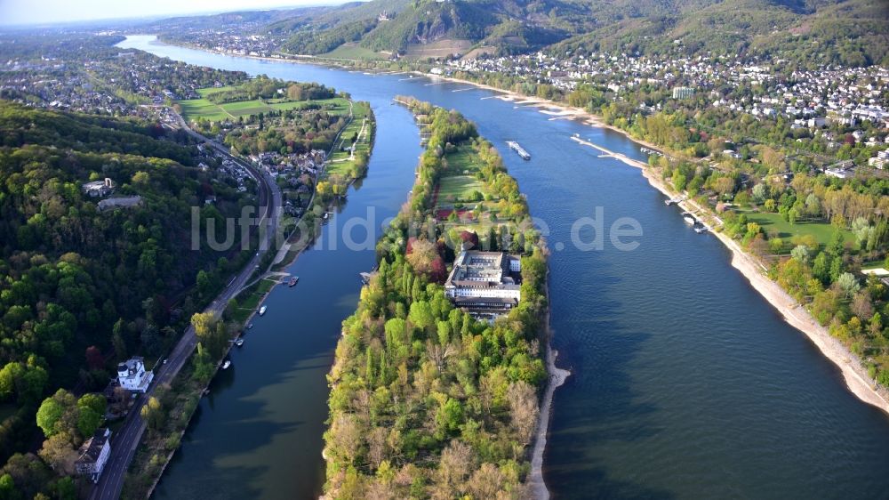 Remagen von oben - Schulgebäude des Gymnasium Franziskus-Gymnasium auf der Insel Nonnenwerth im Ortsteil Rolandswerth in Remagen im Bundesland Rheinland-Pfalz, Deutschland