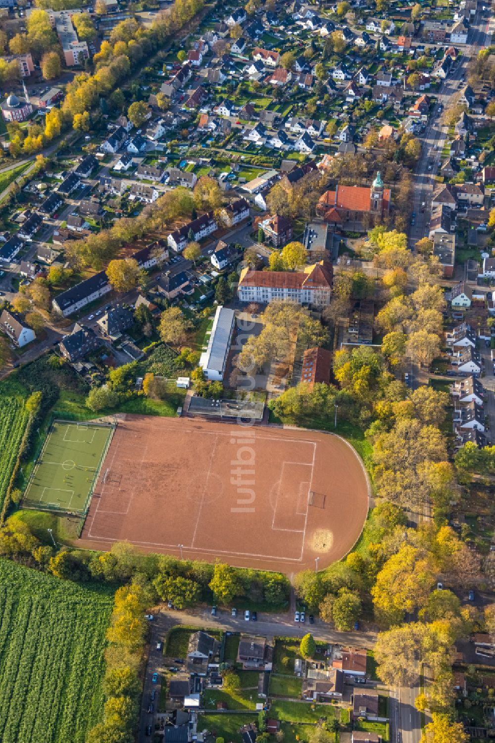 Luftaufnahme Gelsenkirchen - Schulgelände mit Sportplatz Sekundarschule Hassel in Gelsenkirchen im Bundesland Nordrhein-Westfalen, Deutschland