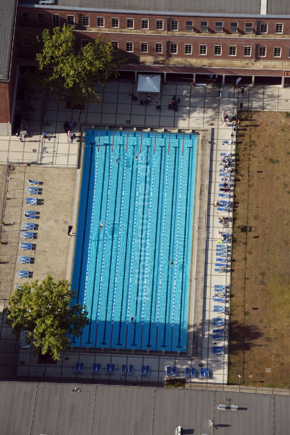 Berlin aus der Vogelperspektive: Schwimmbecken des Freibades Berlin Olympic Park im Ortsteil Westend in Berlin, Deutschland