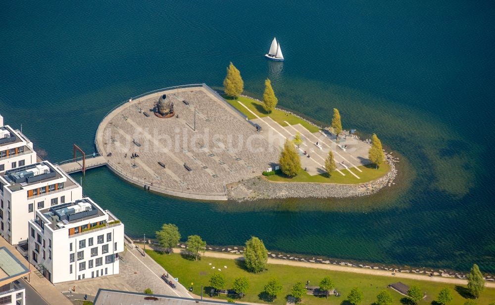 Dortmund von oben - See- Insel Kulturinsel auf dem Phoenixsee in Dortmund im Bundesland Nordrhein-Westfalen