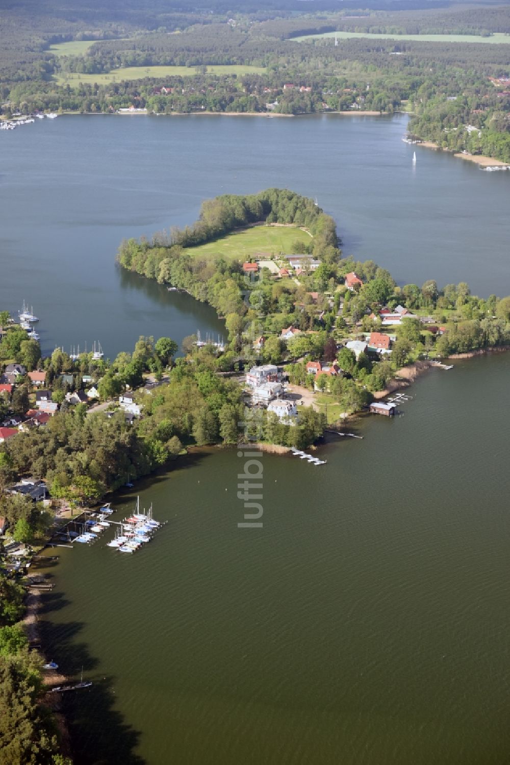 Bad Saarow aus der Vogelperspektive: See- Insel auf dem Scharmützelsee in Bad Saarow im Bundesland Brandenburg