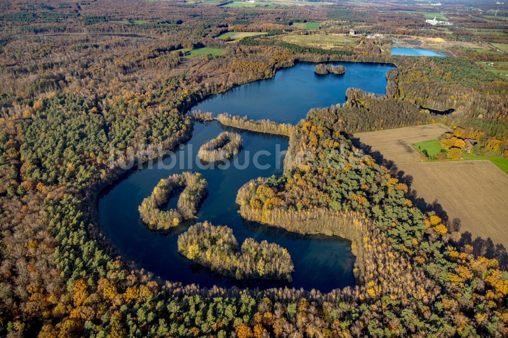 Bottrop aus der Vogelperspektive: See- Inseln auf dem Heidesee in Bottrop im Bundesland Nordrhein-Westfalen, Deutschland
