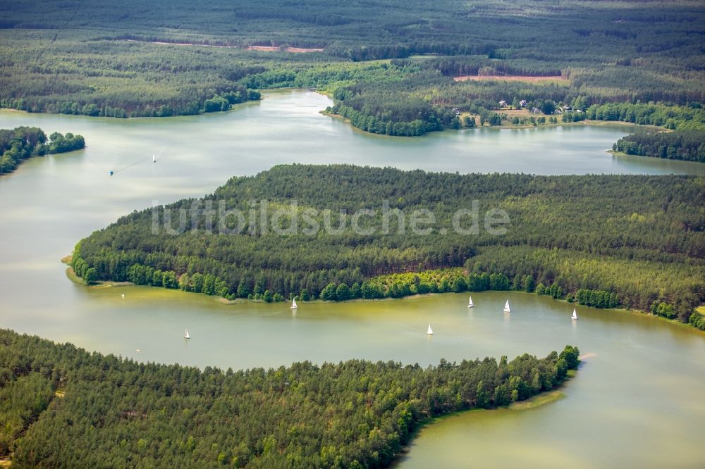 Wdzydze Kiszewskie von oben - Seen- Kette und Uferbereiche des Sees Jezioro Golun in Wdzydze Kiszewskie in Pomorskie, Polen