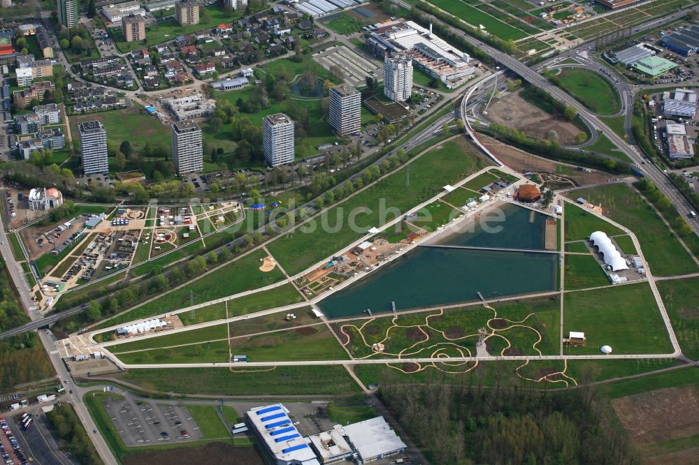 Luftaufnahme Lahr/Schwarzwald - Seepark und Kleingartenpark auf dem Areal der Landesgartenschau 2018 in Lahr/Schwarzwald im Bundesland Baden-Württemberg, Deutschland