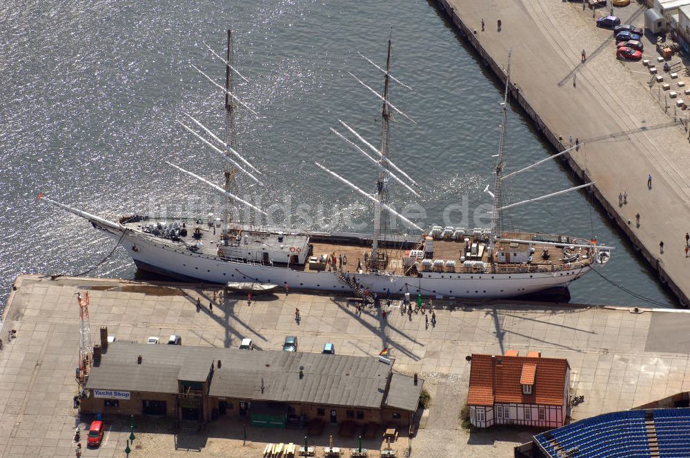 STRALSUND von oben - Segelschiff Gorch Fock I im Heimathafen Stralsund