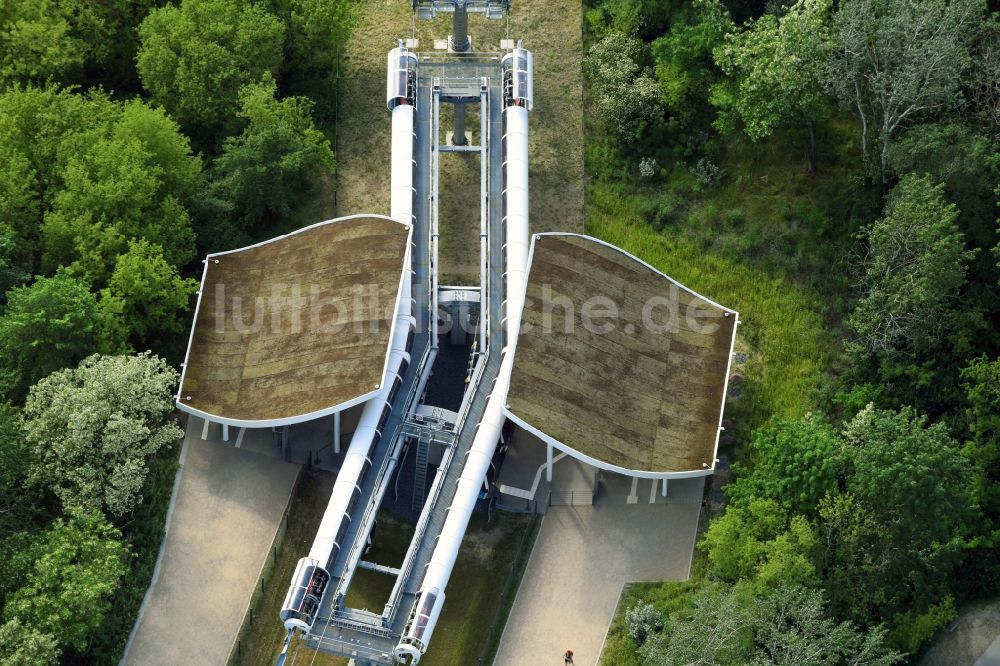 Berlin von oben - Seilbahnstation am Kienberg am Gelände der Internationalen Gartenausstellung IGA 2017 im Bezirk Marzahn-Hellersdorf in Berlin