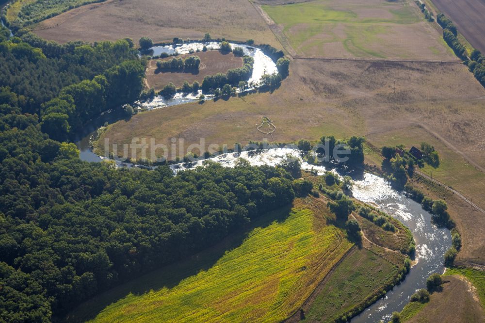 Luftaufnahme Olfen - Serpentinenförmiger Fluss- Kurvenverlauf der Lippe in Olfen im Bundesland Nordrhein-Westfalen, Deutschland