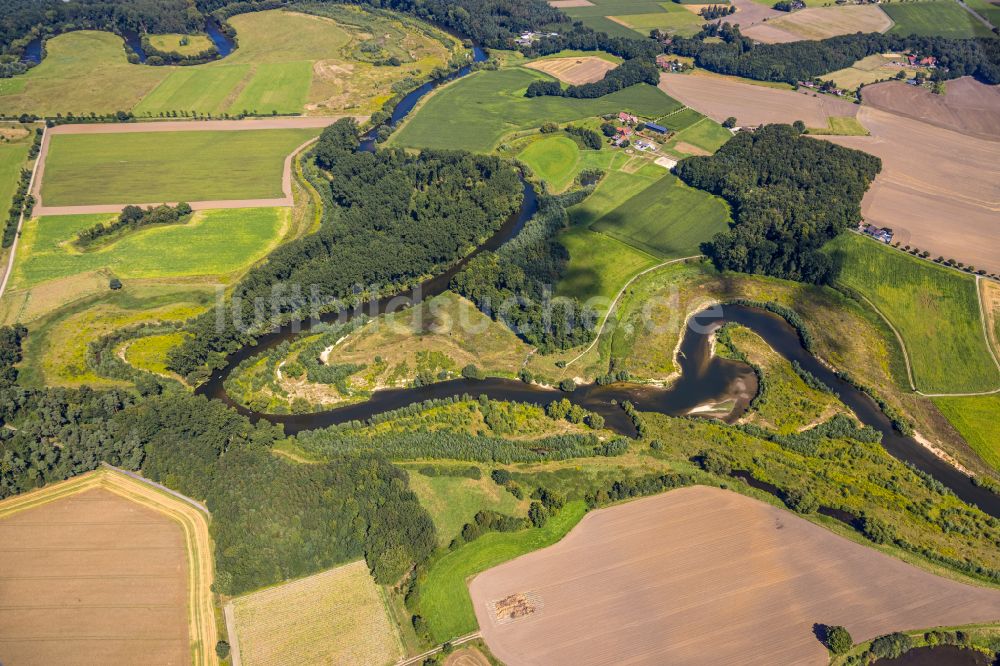 Luftbild Datteln - Serpentinenförmiger Fluss- Kurvenverlauf der Lippe in Olfen im Bundesland Nordrhein-Westfalen, Deutschland