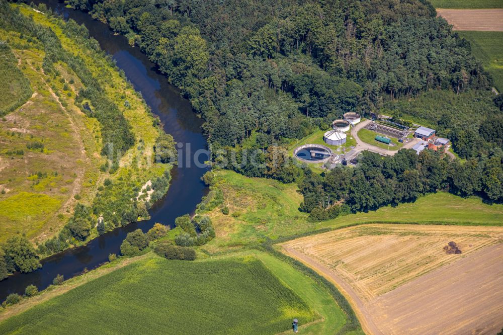 Luftaufnahme Datteln - Serpentinenförmiger Fluss- Kurvenverlauf der Lippe in Olfen im Bundesland Nordrhein-Westfalen, Deutschland