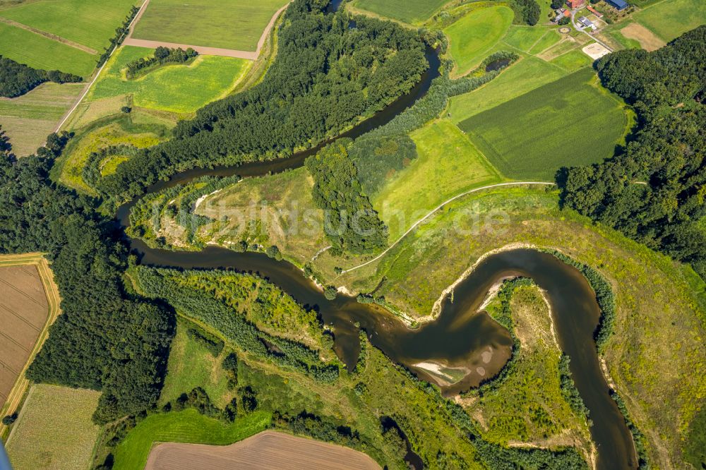 Luftbild Datteln - Serpentinenförmiger Fluss- Kurvenverlauf der Lippe in Olfen im Bundesland Nordrhein-Westfalen, Deutschland