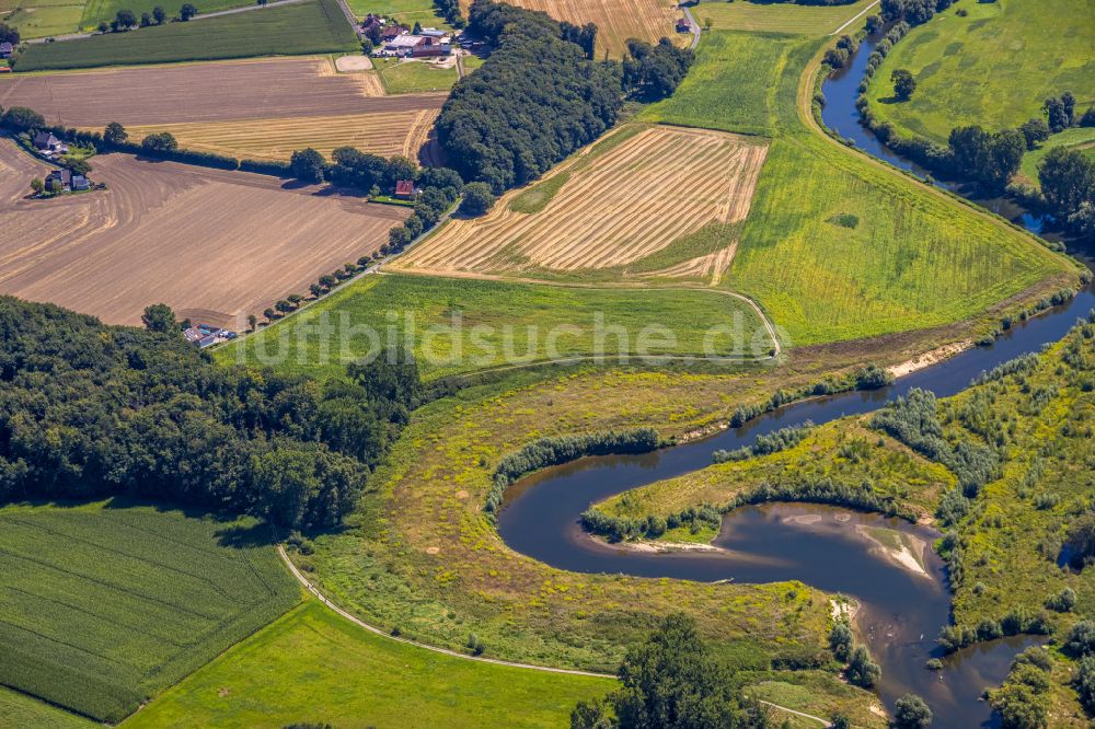 Luftaufnahme Datteln - Serpentinenförmiger Fluss- Kurvenverlauf der Lippe in Olfen im Bundesland Nordrhein-Westfalen, Deutschland