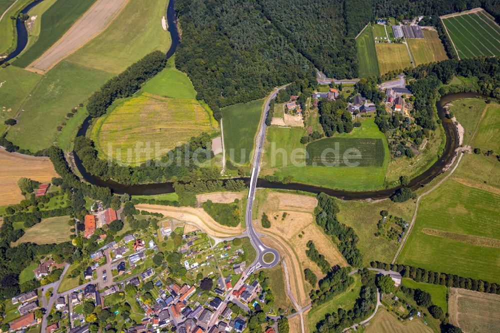 Luftaufnahme Datteln - Serpentinenförmiger Fluss- Kurvenverlauf der Lippe in Olfen im Bundesland Nordrhein-Westfalen, Deutschland