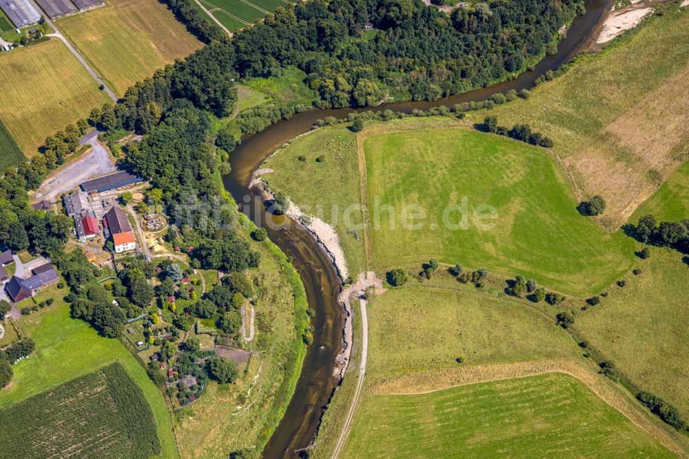 Luftaufnahme Datteln - Serpentinenförmiger Fluss- Kurvenverlauf der Lippe in Olfen im Bundesland Nordrhein-Westfalen, Deutschland