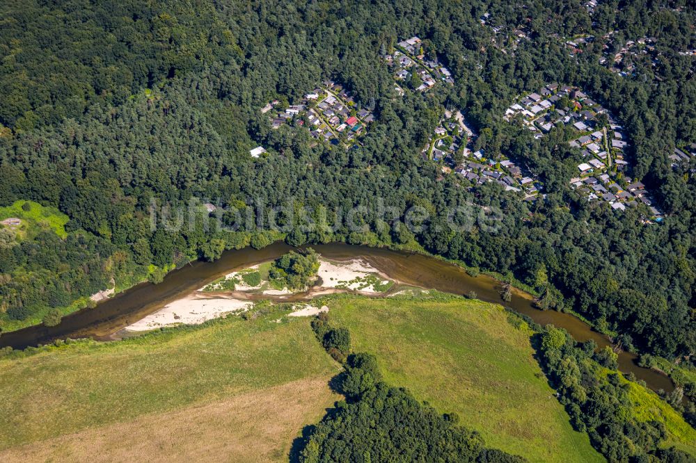 Datteln von oben - Serpentinenförmiger Fluss- Kurvenverlauf der Lippe in Olfen im Bundesland Nordrhein-Westfalen, Deutschland