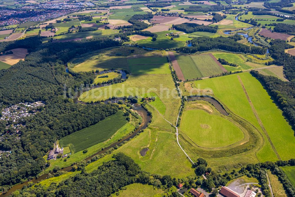 Luftbild Datteln - Serpentinenförmiger Fluss- Kurvenverlauf der Lippe in Olfen im Bundesland Nordrhein-Westfalen, Deutschland