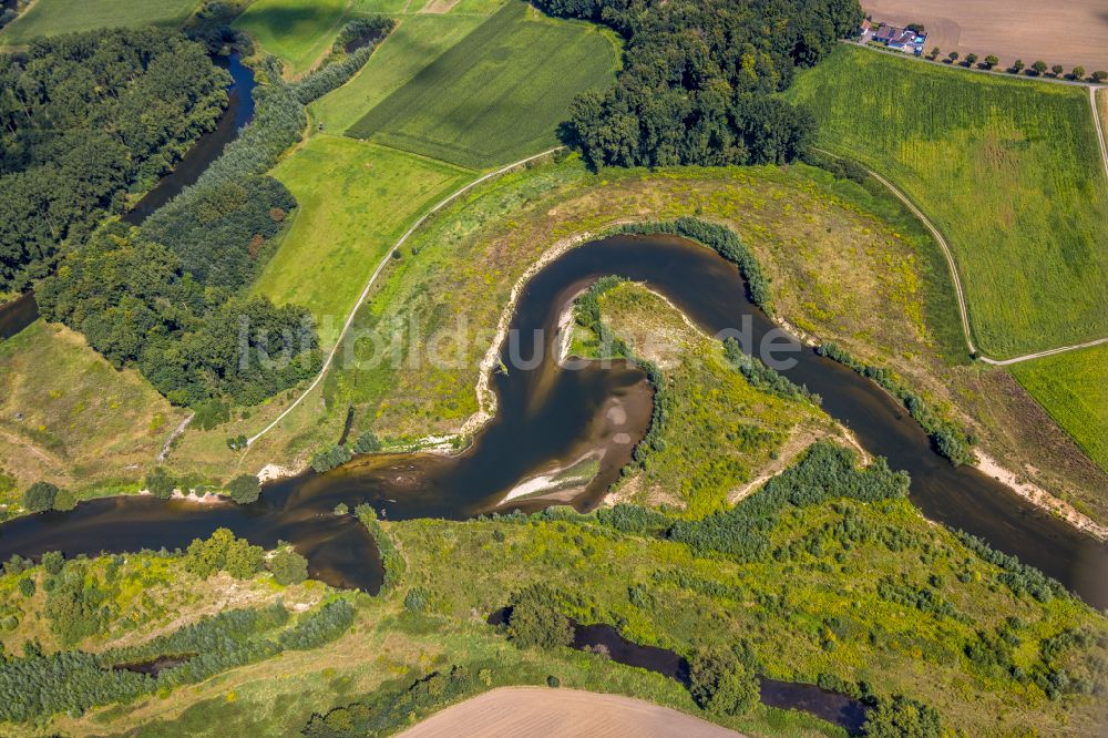 Datteln aus der Vogelperspektive: Serpentinenförmiger Fluss- Kurvenverlauf der Lippe in Olfen im Bundesland Nordrhein-Westfalen, Deutschland