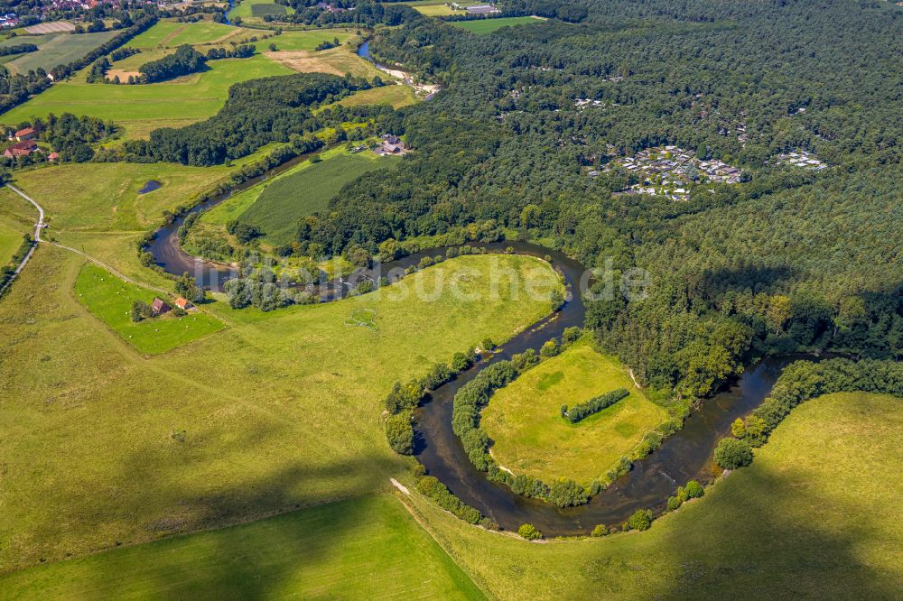 Luftbild Datteln - Serpentinenförmiger Fluss- Kurvenverlauf der Lippe in Olfen im Bundesland Nordrhein-Westfalen, Deutschland