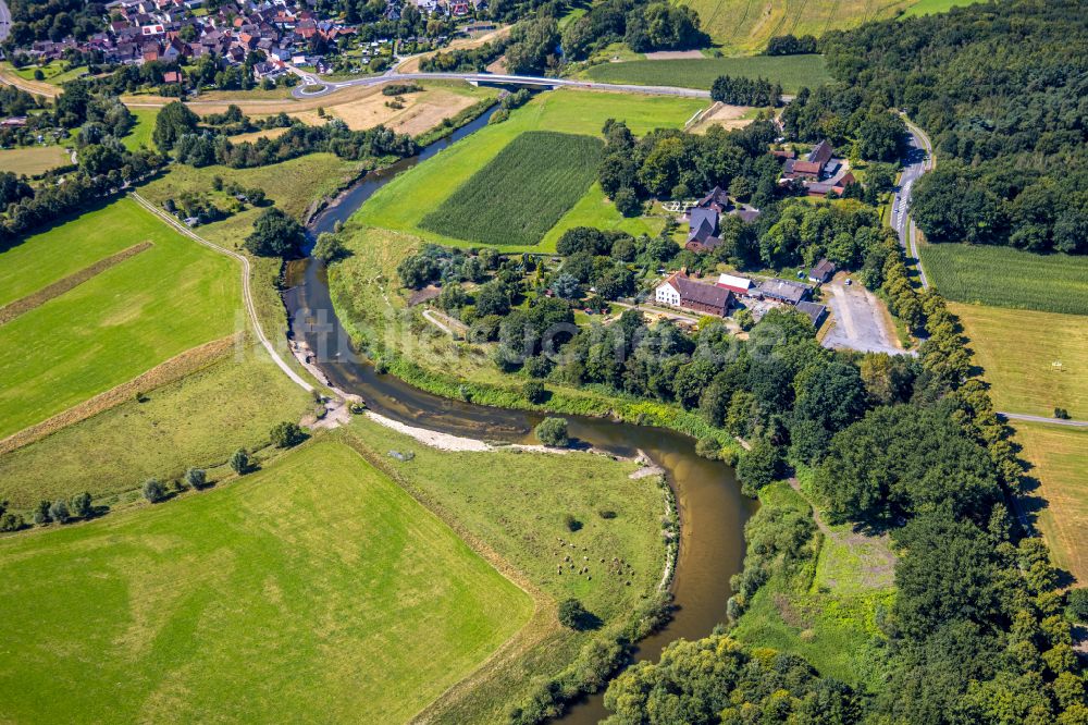 Luftaufnahme Datteln - Serpentinenförmiger Fluss- Kurvenverlauf der Lippe in Olfen im Bundesland Nordrhein-Westfalen, Deutschland