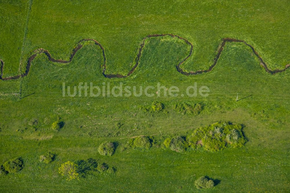 Luftaufnahme Brilon - Serpentinenförmiger Kurvenverlauf eines Bach - Flüsschens Hunderbecke in Brilon im Bundesland Nordrhein-Westfalen, Deutschland