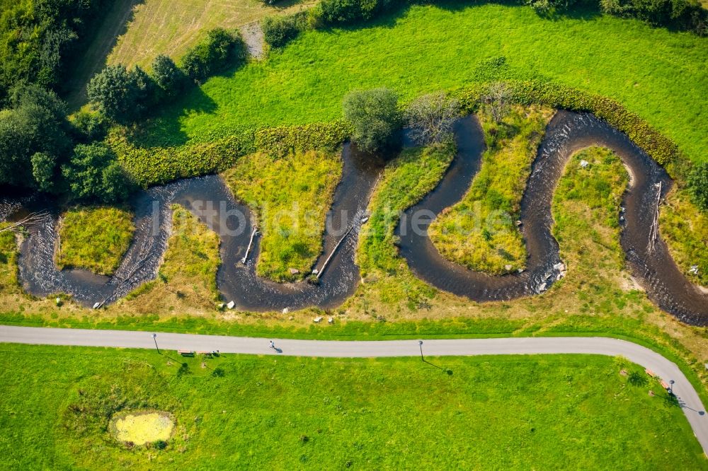 Meschede aus der Vogelperspektive: Serpentinenförmiger Kurvenverlauf eines Bach - Flüsschens im Süden von Meschede im Bundesland Nordrhein-Westfalen