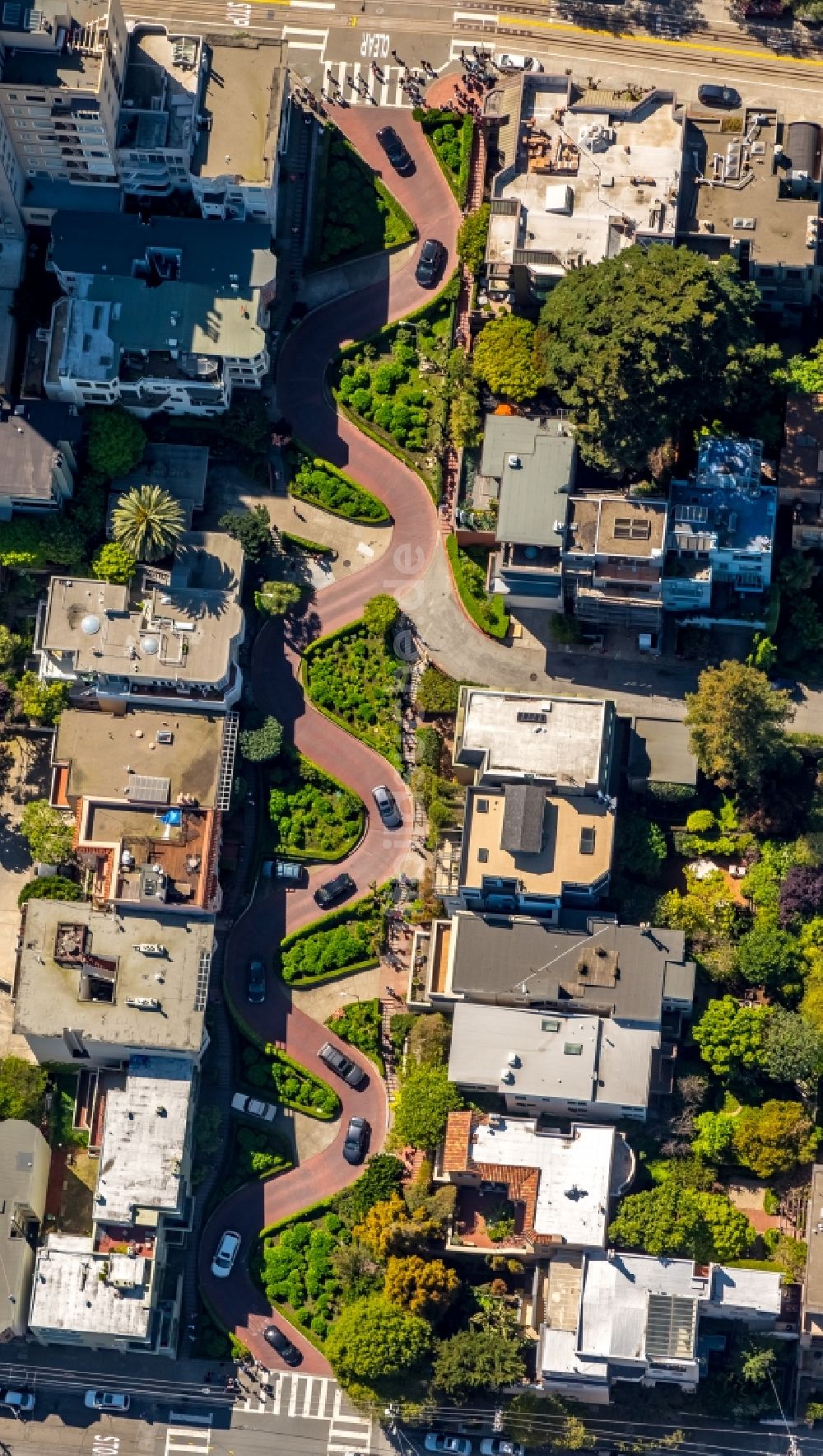 San Francisco von oben - Serpentinenförmiger Kurvenverlauf einer Straßenführung Lombard Street in San Francisco in USA