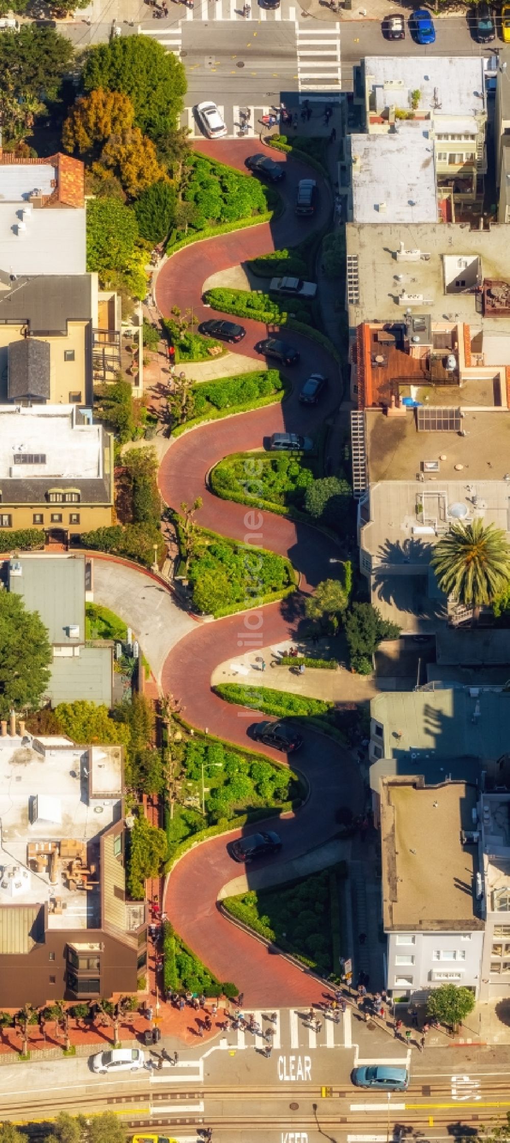 Luftaufnahme San Francisco - Serpentinenförmiger Kurvenverlauf einer Straßenführung Lombard Street in San Francisco in USA