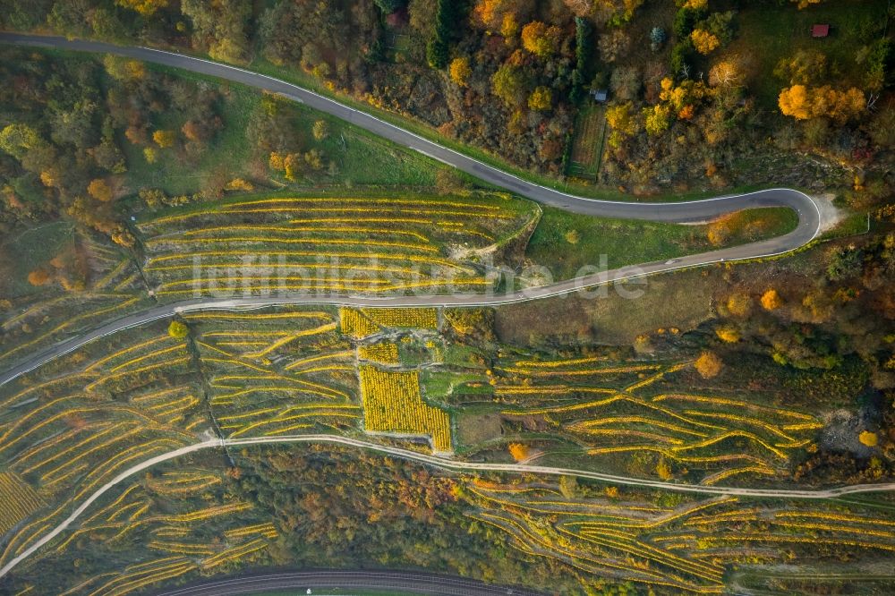 Luftaufnahme Oberwesel - Serpentinenförmiger Kurvenverlauf einer Straßenführung in den Weinbergen in Oberwesel im Bundesland Rheinland-Pfalz