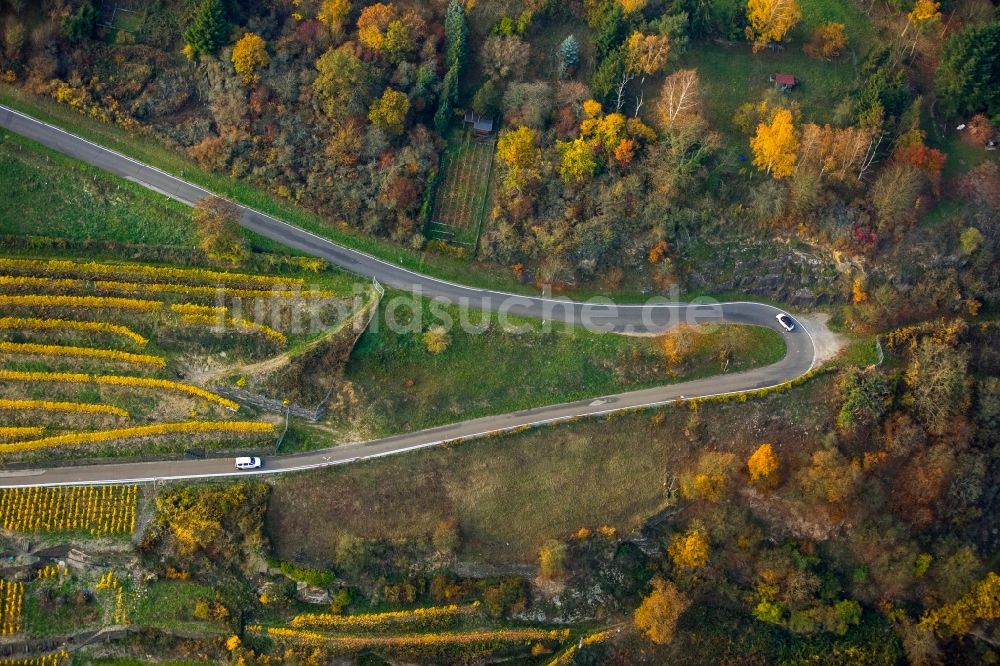 Oberwesel von oben - Serpentinenförmiger Kurvenverlauf einer Straßenführung in den Weinbergen in Oberwesel im Bundesland Rheinland-Pfalz