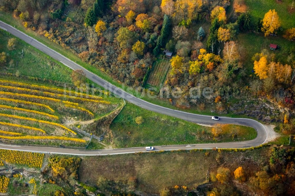 Luftbild Oberwesel - Serpentinenförmiger Kurvenverlauf einer Straßenführung in den Weinbergen in Oberwesel im Bundesland Rheinland-Pfalz