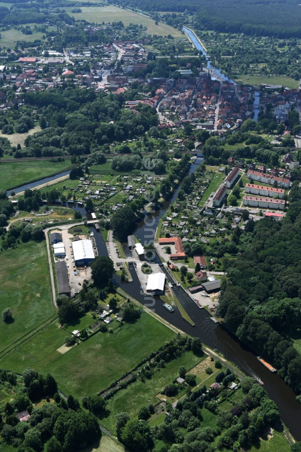 Grabow von oben - Serrahnwehr und Schleuse in Grabow im Bundesland Mecklenburg-Vorpommern