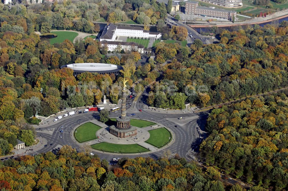 Luftbild Berlin - Siegessäule am Großen Stern, Bundespräsidialamt, Schloss Bellevue im Tiergarten Berlin