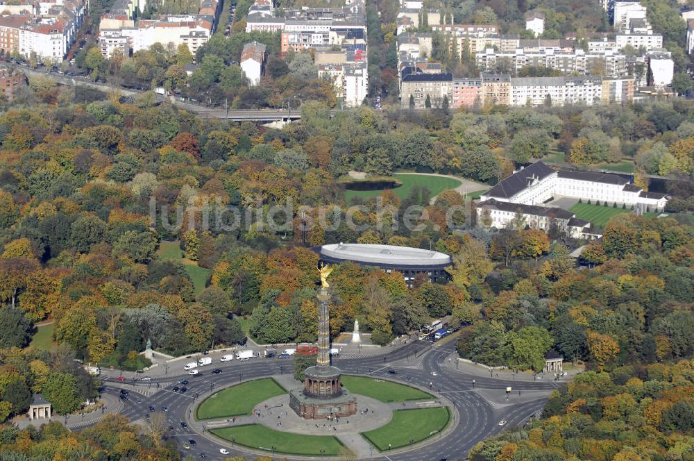 Luftbild Berlin - Siegessäule am Großen Stern, Bundespräsidialamt, Schloss Bellevue im Tiergarten Berlin