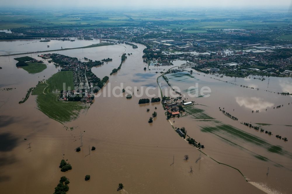 Luftaufnahme Riesa - Situation während und nach dem Hochwasser an den Nord- und Süd-Ufern der Elbe bei Riesa und Nünchritz im Bundesland Sachsen