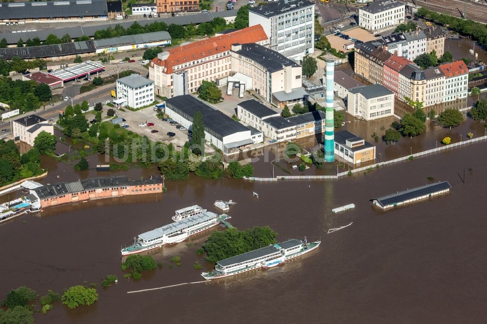 Luftaufnahme Dresden - Situation während und nach dem Hochwasser am Ufer der Elbe in Dresden im Bundesland Sachsen