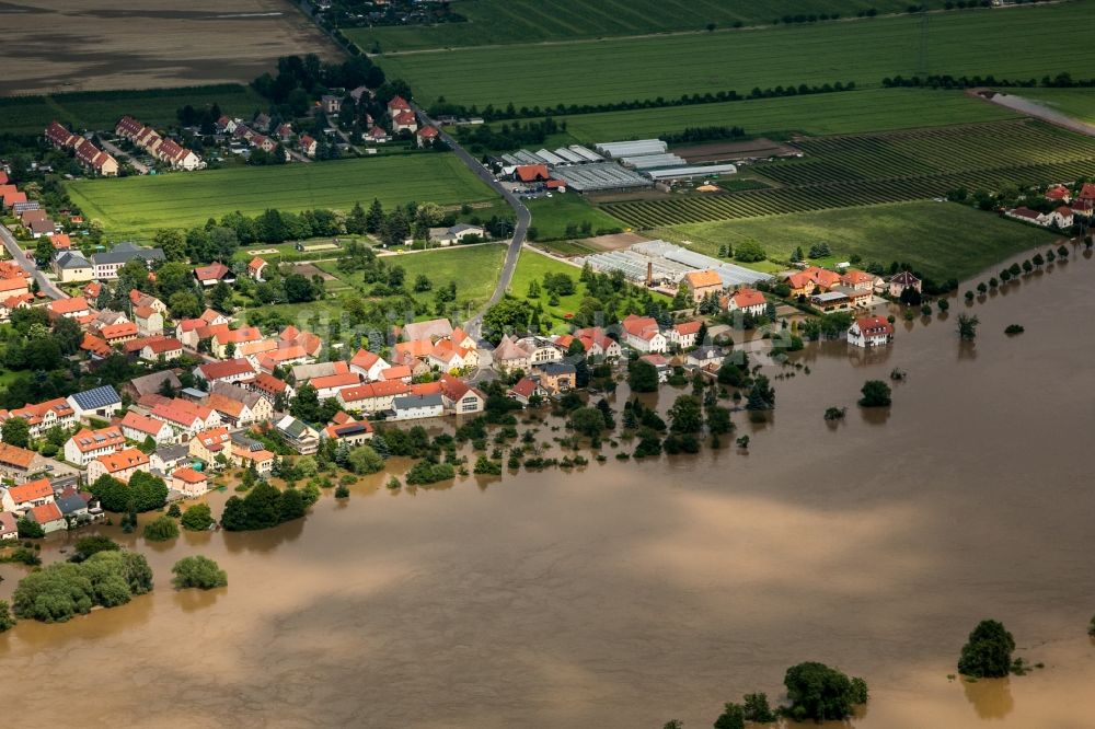 Sörnewitz von oben - Situation während und nach dem Hochwasser am Ufer der Elbe in Sörnewitz bei Coswig im Landkreis Meißen im Bundesland Sachsen