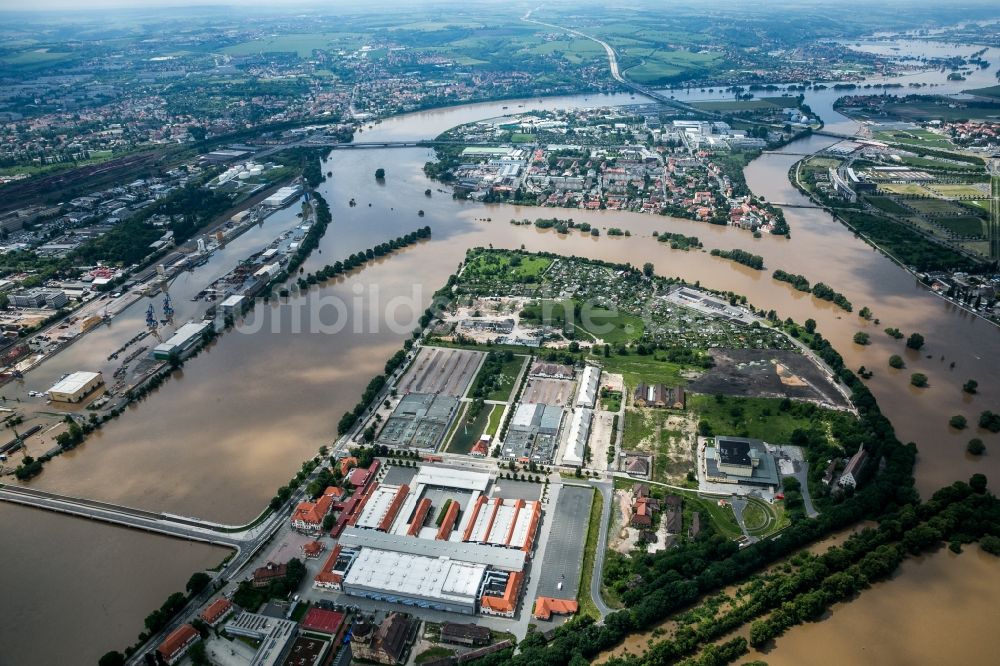 Dresden aus der Vogelperspektive: Situation während und nach dem Hochwasser am Ufer der Elbe im Stadtteil Friedrichstadt in Dresden im Bundesland Sachsen