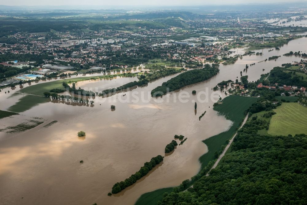 Luftbild Coswig - Situation während und nach dem Hochwasser an den Ufern der Elbe bei Coswig im Bundesland Sachsen