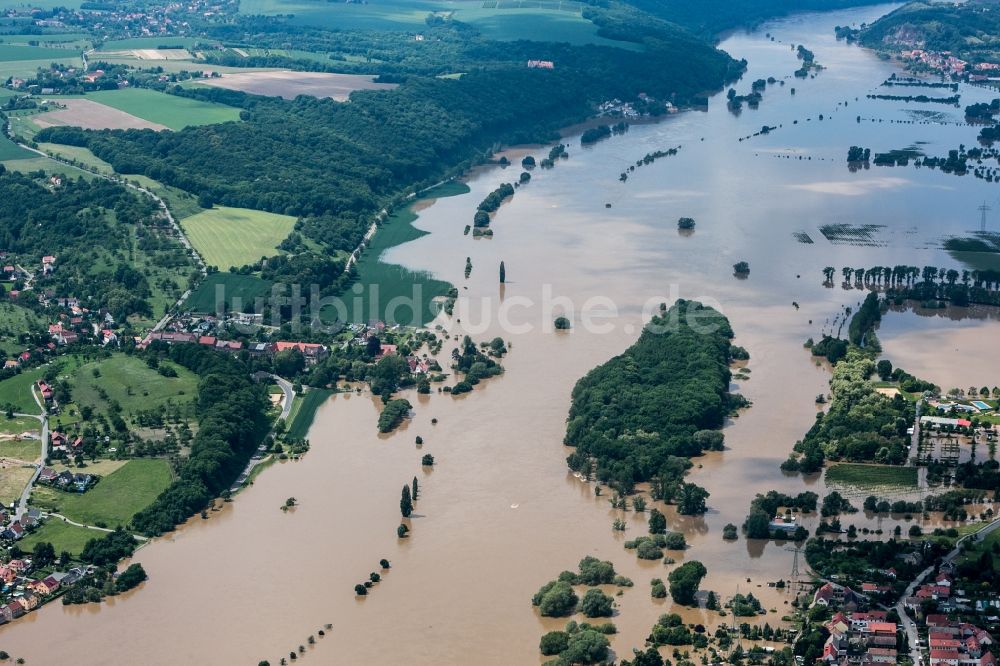 Luftaufnahme Coswig - Situation während und nach dem Hochwasser an den Ufern der Elbe bei Coswig im Bundesland Sachsen