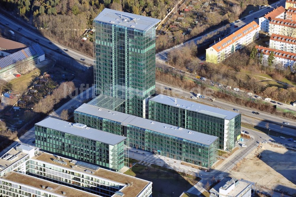 Luftbild München - Skyline Tower - Hochhaus der OSRAM GmbH in München im Bundesland Bayern, Deutschland