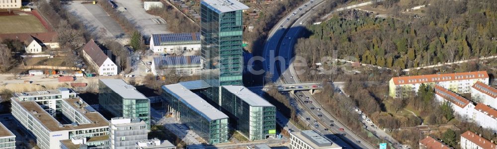 München von oben - Skyline Tower - Hochhaus der OSRAM GmbH in München im Bundesland Bayern, Deutschland