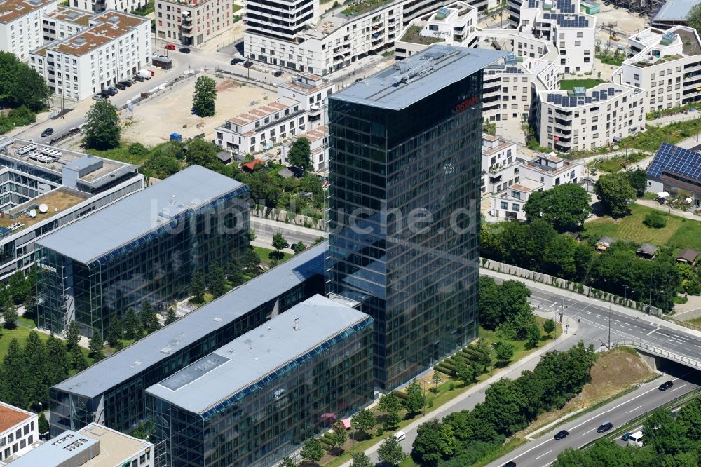 München von oben - Skyline Tower - Hochhaus der OSRAM GmbH in München im Bundesland Bayern, Deutschland