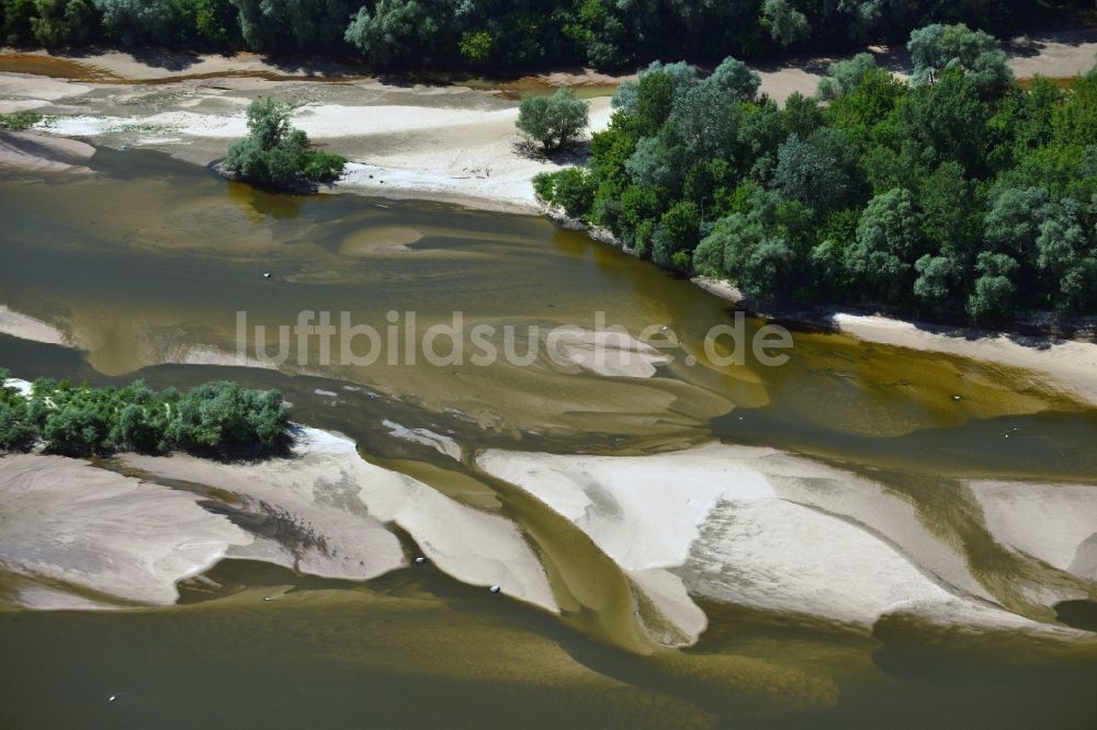 Warschau aus der Vogelperspektive: Sommerbedingt gesunkener Wasserpegel am Ufer der Weichsel am Lesie Bielanskim in Warschau in Polen